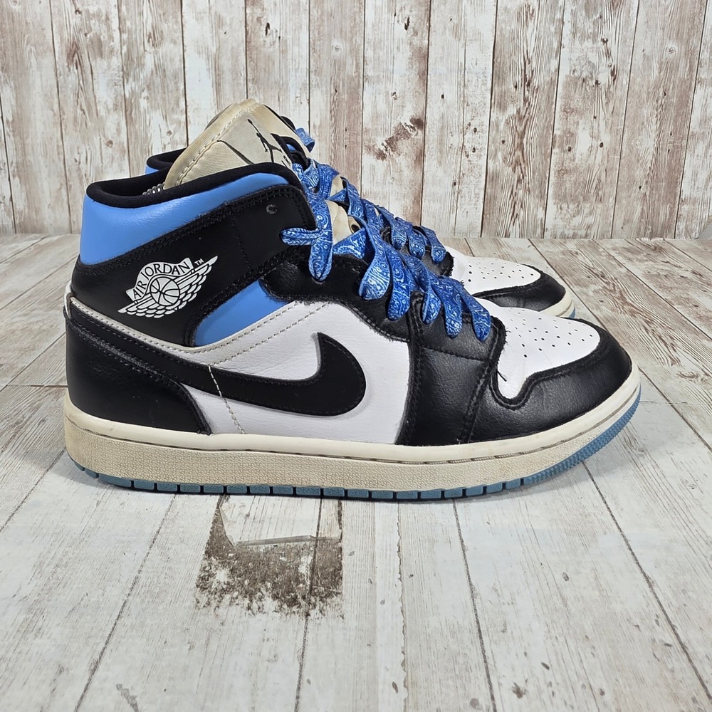 Jordan 1 Mid University Blue Black White BQ6472-102 Kids Size 8‎ Paisley Laces